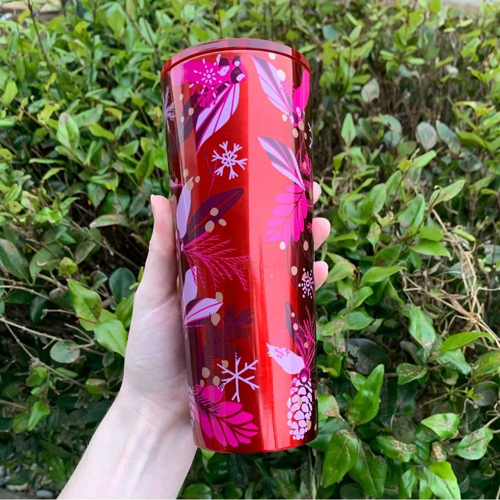2021 Holiday Edition Metal Starbucks Cup Red/Pink Foliage Pine Cones NO STRAW